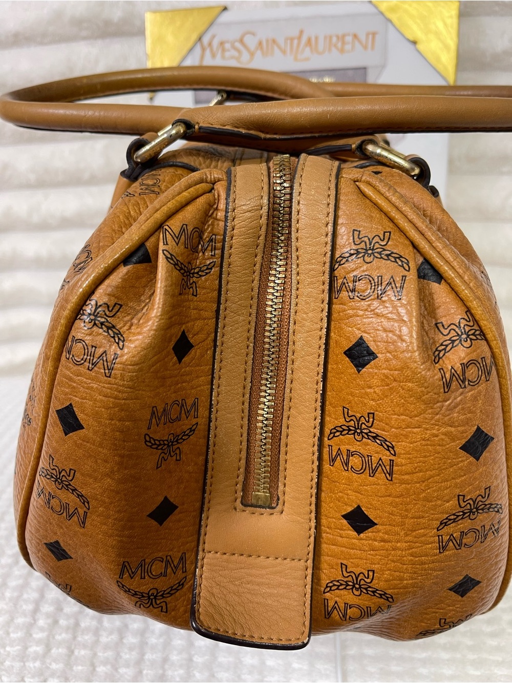 MCM Cognac Visetos Monogram Barrel Tote/Satchel Bag - Picture 5 of 15